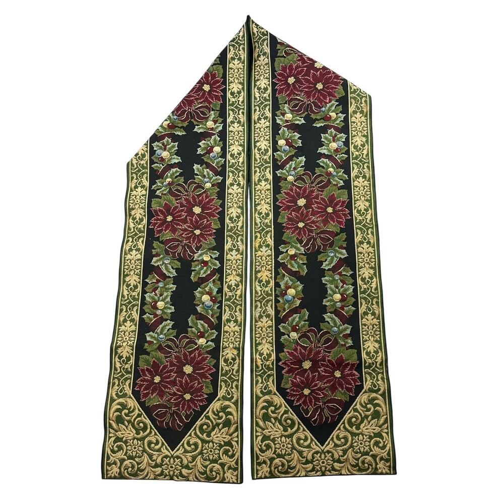 Christmas Tapestry Table Runner 100” Poinsettia Holly Ornament Holiday 13.5” W - Picture 3 of 5